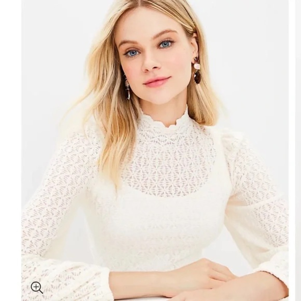 NEW LOFT Whisper White Lace Mock Neck Bishop Sleeve Blouse Top Romantic Sweet S - Picture 5 of 9